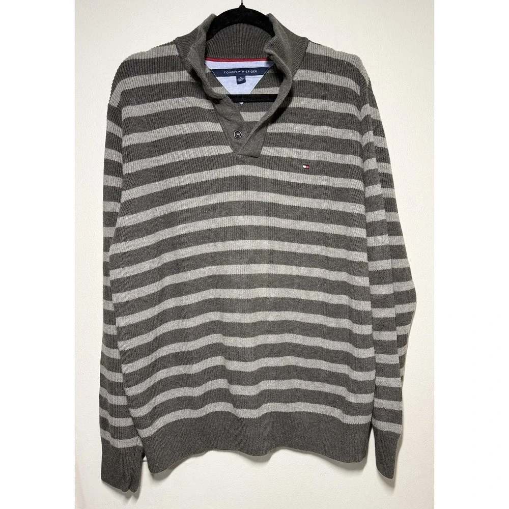 Tommy Hilfiger Mock Neck Snap Ribbed Sweater Men's Size XL Gray Striped Pullover